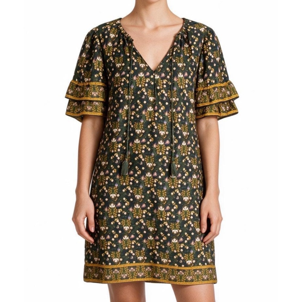 CHELSEA & VIOLET Navy Blue Gold FLORAL Satin V-NECK Flutter Sleeve SHIFT DRESS S